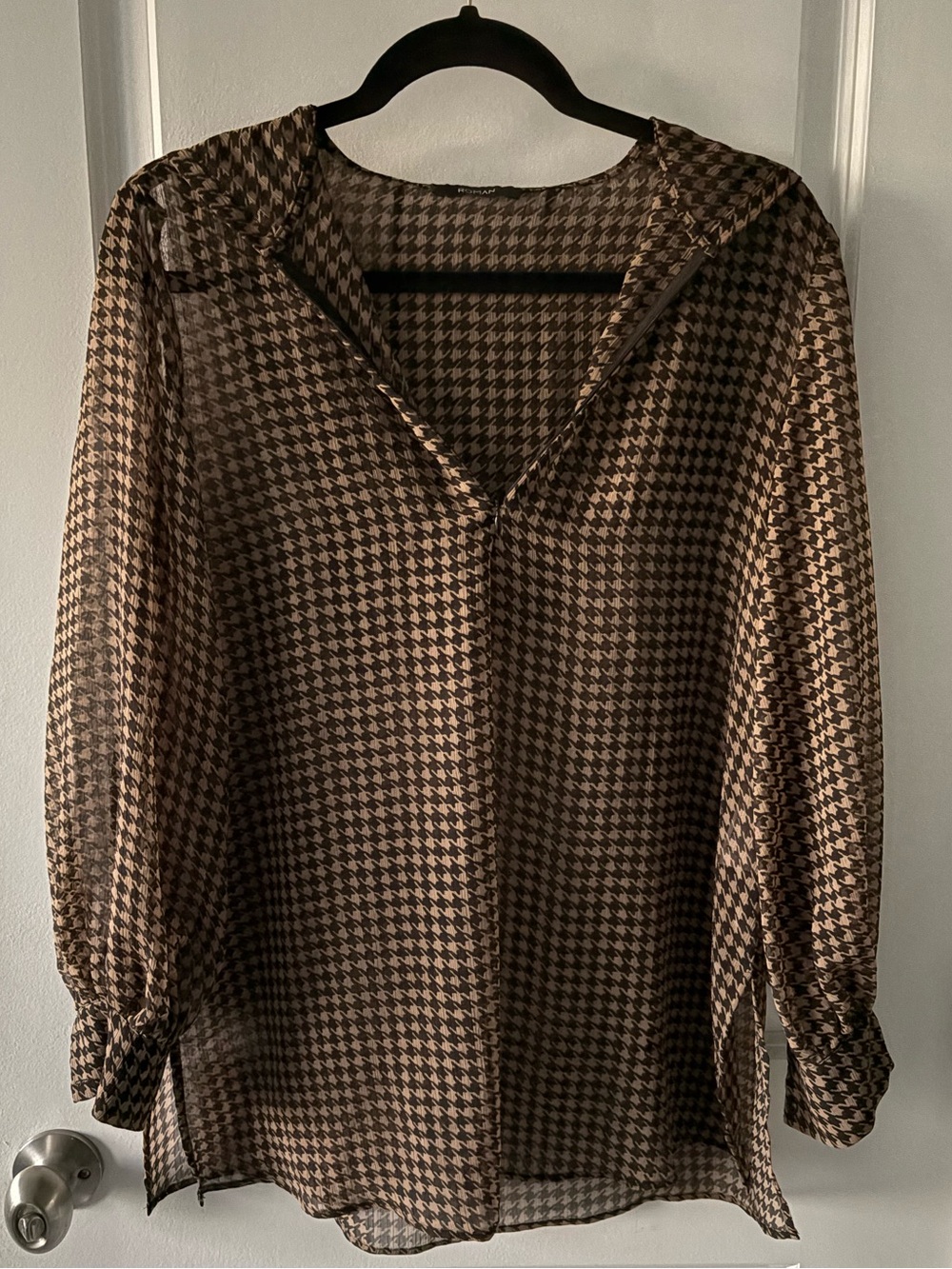 Sheer Brown Houndstooth V-Neck Blouse